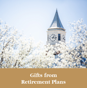 Clock tower peeking over flowering trees. Gifts of Retirement Plans