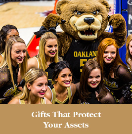 The cheer team smiling with the college mascot. Gifts That Protect Your Assets